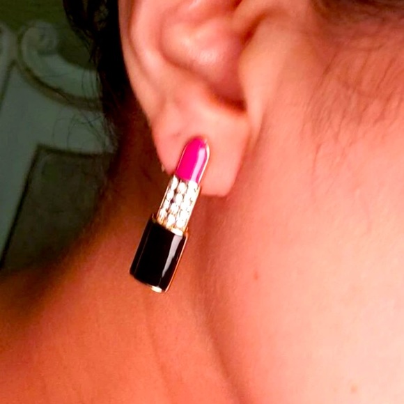 Ooh-La-LaLipstick💄💎Fun Rhinestone Pavé Earrings Red Black & Gold - Picture 4 of 8